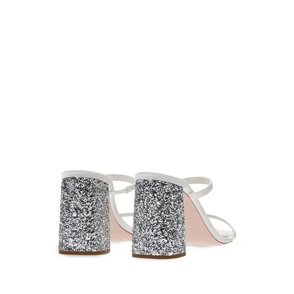 Miu Miu Forma Raso Glitter Block Heels Sandals Square Toe Bianco Argento Sz 39.5 - Picture 3 of 13